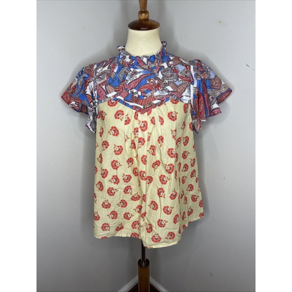 Farm Rio Ruffle-Sleeve Printed Blouse Medium M - Picture 2 of 10